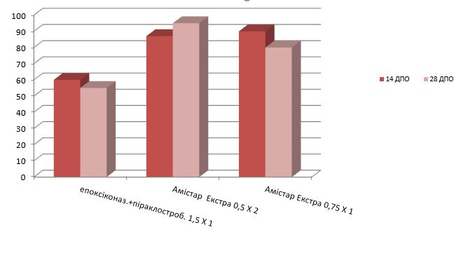 Рис. 6. Порівняльна ефективність стробілуринів проти борошнистої роси, %