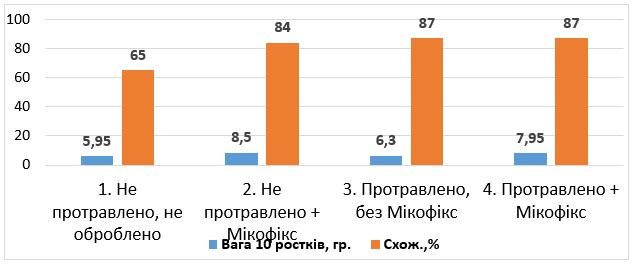 Мал. 2. Результати пророщування насіння соняшнику, обробленого препаратом Мікофікс